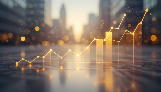 Modern financial atmosphere featuring reflective surfaces and dynamic rising business charts