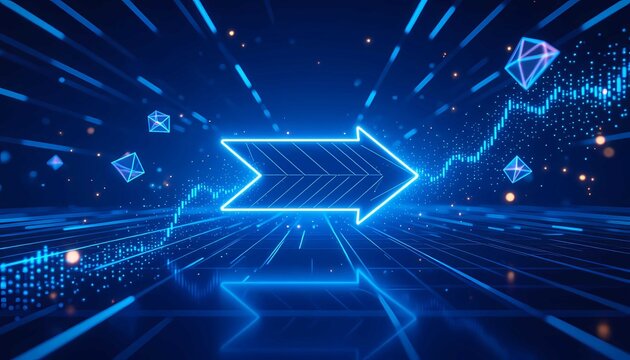 Glowing blue digital arrow drives futuristic growth with dynamic tech energy