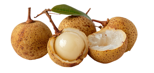 Fresh longan fruit, one opened revealing juicy flesh and seed