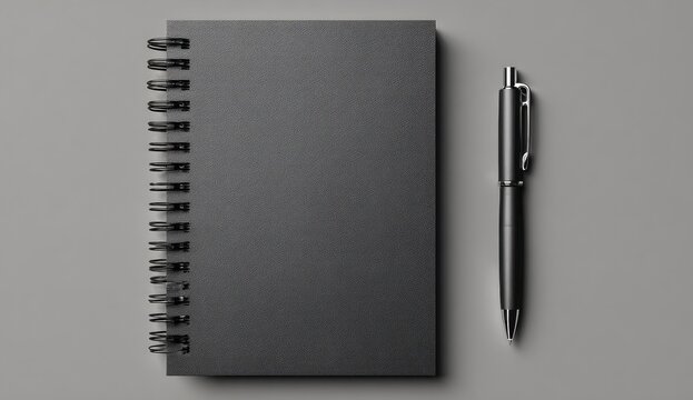 A sleek, dark gray notebook with spiral binding next to a matching pen on a neutral surface