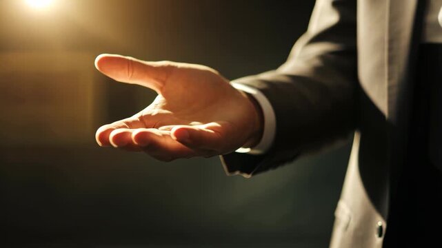 A close-up, low-angle shot of an outstretched hand in soft focus, suggesting an invitation or offer, reminiscent of a cinematic video scene.