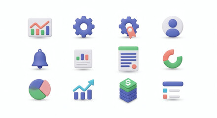 Visually engaging 3D concept icons representing essential business operations, data analysis, financial planning, and organizational tools for modern applications.