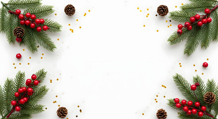 Create festive holiday cheer with this elegant Christmas frame featuring vibrant red berries, lush pine branches, and sparkling gold confetti, perfect for seasonal greetings and joyful celebrations
