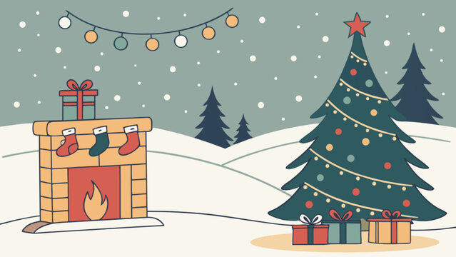 Festive christmas scene with a decorated christmas tree and presents in a snowy winter landscape, featuring a cozy fireplace with hung stockings and string lights overhead