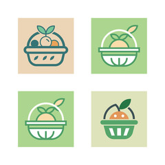 Four Square Icons Featuring Baskets Filled with Fruits and Leaves food healthy