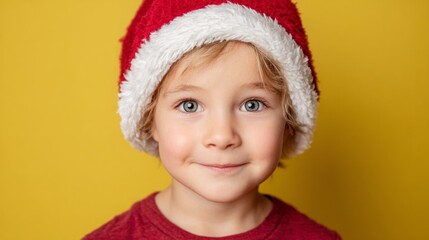 Smiling young boy wearing a Santa hat against a vibrant yellow background.