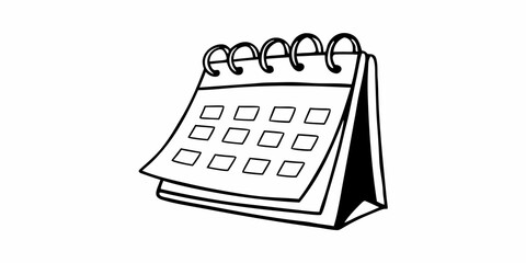 A simple line drawing of a desk calendar with binder rings and grid of blank dates shown clearly