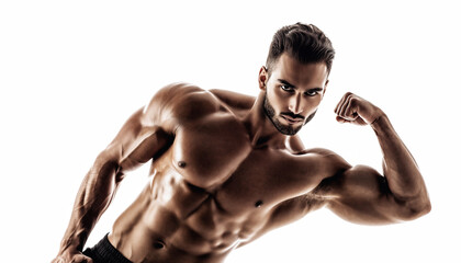 Muscular man flexing his bicep and showing off his physique, bodybuilder posing with strong muscles, fitness and health concept