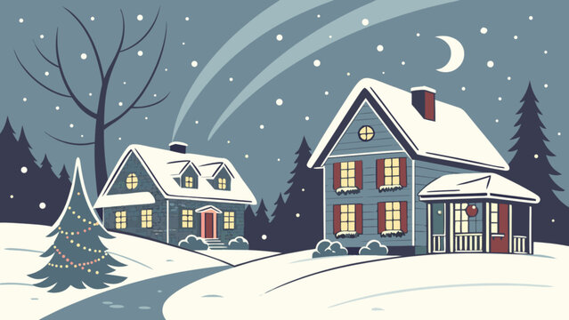 Charming winter night scene with snow-covered houses, a festive christmas tree, falling snow, and a crescent moon. peaceful village illustration perfect for holidays and seasonal themes.