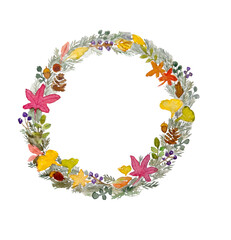 水彩落ち葉リース