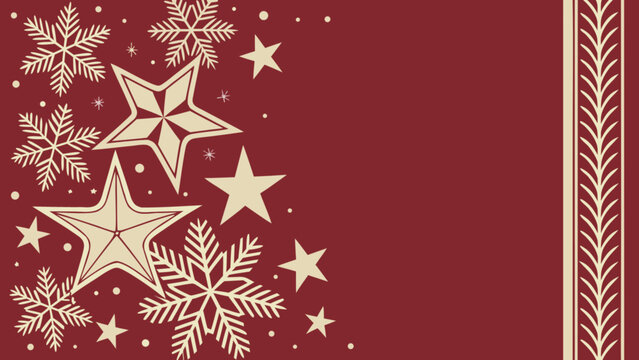 Festive red background with elegant beige snowflakes, stars, and decorative vertical border creating a beautiful holiday season design for christmas and new year celebrations.