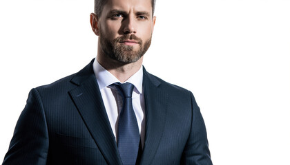 Portrait of a confident and serious bearded businessman in a formal dark suit and tie, isolated on a white background