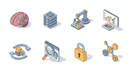 Isometric Technology and Business Icons Collection Featuring AI, Data Management, Industrial Automation, Analytics, Security, and Connectivity Concepts