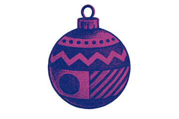 Fototapeta premium A blue and pink Christmas ornament illustration with a hand-drawn crayon texture and geometric patterns like zig-zags and stripes for a festive holiday celebration