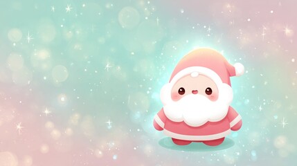 Cute cartoon Santa Claus with a joyful expression against a sparkling pastel background.