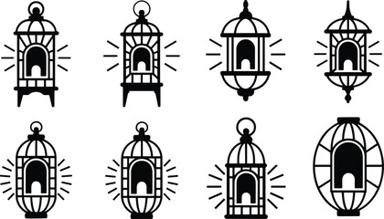 Collection of Vintage Lantern Icons with Light Rays lamp retro