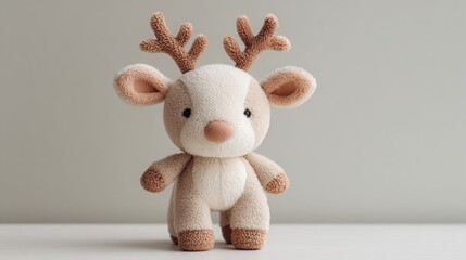 Cute stuffed reindeer toy on a white background, creating a cozy and playful vibe.