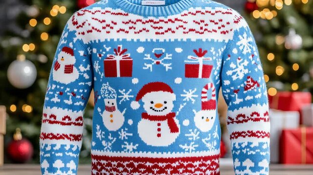 selective focus cozy winter jumper with snowman patterns