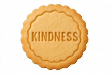 A round golden shortbread cookie with the word kindness embossed on its surface, representing a sweet message of compassion, empathy, and positive human connection