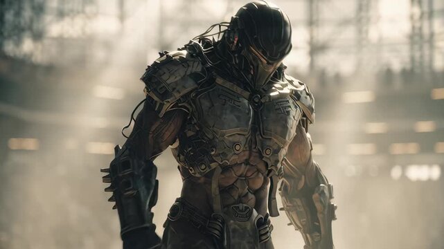 Futuristic Armored Warrior Walks Confidently Through a Dusty Arena Before a Large Crowd