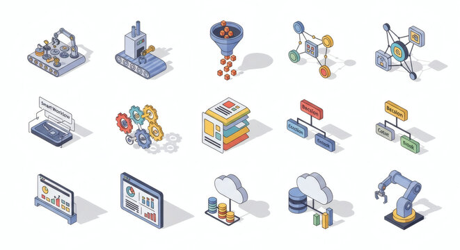 Isometric Icons Representing Key Concepts in Digital Transformation, Data Management, Cloud Computing, and Industrial Automation