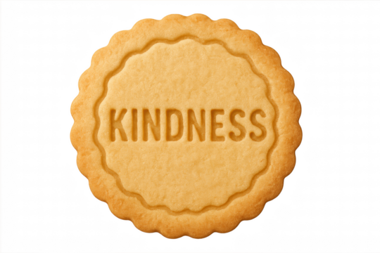 A round golden shortbread cookie with the word kindness embossed on its surface, representing a sweet message of compassion, empathy, and positive human connection