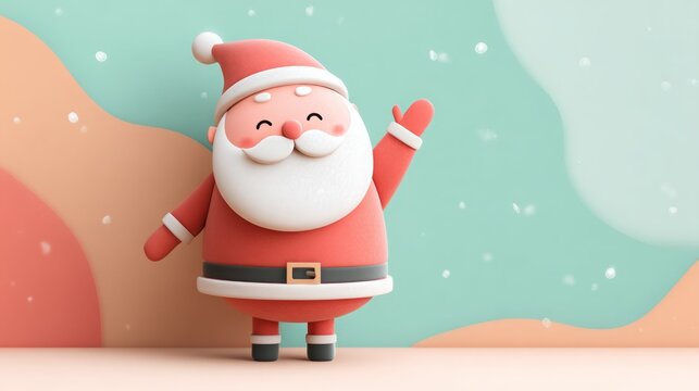Cute cartoon Santa Claus waving against a colorful, whimsical backdrop.