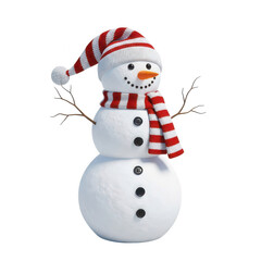 Fototapeta premium Cheerful snowman with striped hat and scarf stands against a on transparent background