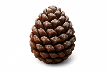 A single brown pinecone dusted with delicate white snow showcases its intricate natural texture and scales, creating a festive and cozy winter holiday decoration concept