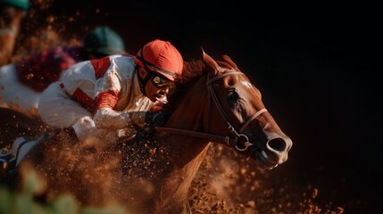 Dynamic photo capturing a thrilling horse race, highlighting jockeys in motion, dirt flying, and the intensity of competition.