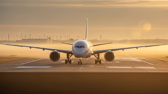 Boeing 787 Dreamliner prepares for takeoff on a misty morning at the airport runway golden sunrise