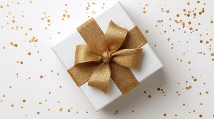 Elegant white gift box with a shimmering gold bow, surrounded by golden confetti.