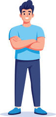 Friendly young man in casual clothes standing confidently with arms crossed and smiling.