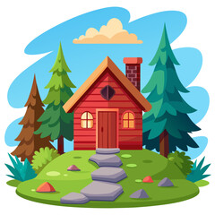 House on a green hill with pine trees