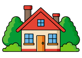 House with red roof and green bushes illustration