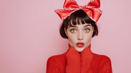 Young woman in red sweater and big bow posing against a pink backdrop with a surprised expression.
