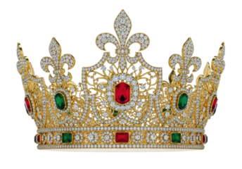 Ornate gold crown with red and green jewels transparent background cutout png
