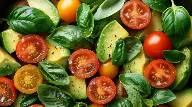 selective focus avocado cherry tomato and basil salad