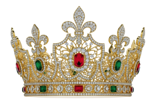 Ornate gold crown with red and green jewels transparent background cutout png