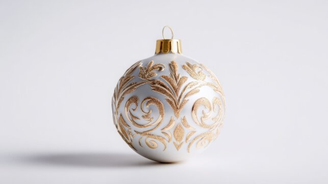 Elegant white Christmas ornament with gold glitter design on a plain background. - Powered by Adobe