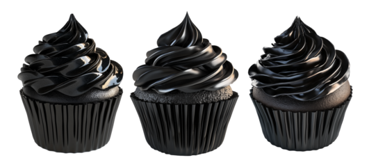 Cupcake with rich glossy black chocolate frosting and black wrapper, isolated on white transparent background