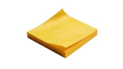 A stack of bright yellow sticky notes with one sheet peeling up isolated on transparent background