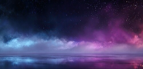 A surreal landscape with a starry sky reflected in a calm, reflective surface