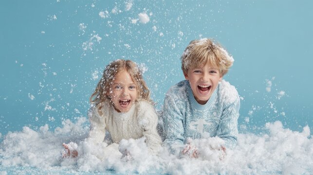 Joyful Caucasian siblings playing in artificial snow against a blue background.