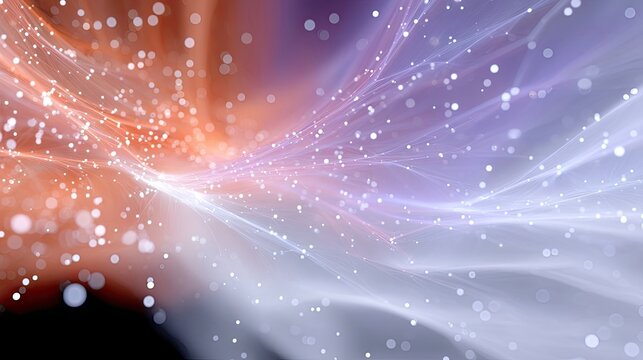 An abstract digital art background with swirling lines of light in orange and purple hues, filled with small glowing particles and a soft bokeh effect.