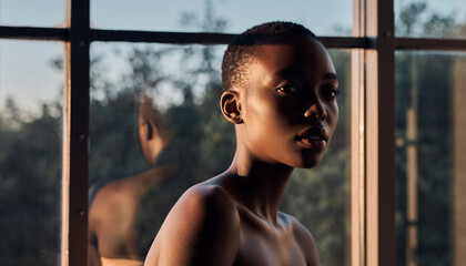 Close-up Portrait of a Young Woman with Short Hair Illuminated by Natural Light
