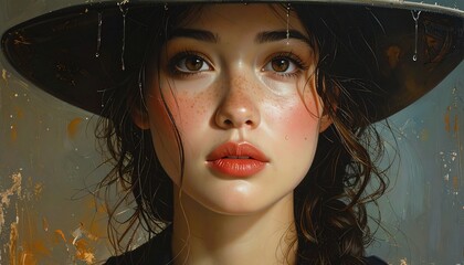 Portrait of a Young Woman with a Wet Hat and Delicate Features