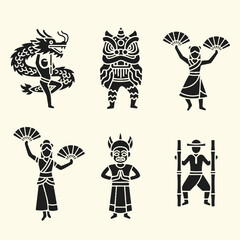 Fototapeta premium Dynamic silhouette display of dragon, lion dance, women, men and fan motifs on pale yellow backdrop, front view