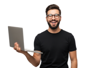 Man with laptop transparent background cutout png