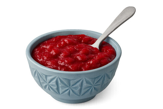 A vibrant red chunky cranberry sauce with whole berries is served in a light blue ceramic bowl with a geometric pattern and a silver spoon for a traditional holiday meal - Powered by Adobe